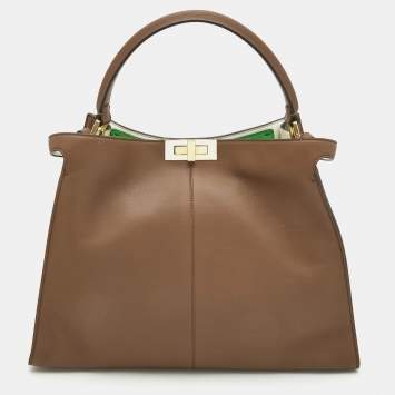 Pre Owned Fendi Brown Leather Large X Lite Peekaboo Top Handle Bag