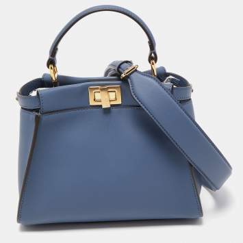 Pre Owned Fendi Navy Blue Leather Mini Peekaboo Top Handle Bag