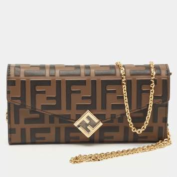 Pre Owned Fendi Tobacco Zucca Embossed Leather FF Flap Wallet on Chain