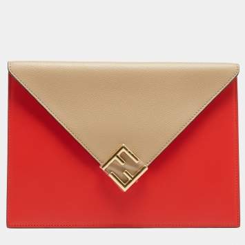 Pre Owned Fendi Beige/Red Leather  FF Diamond Flat Pouch 