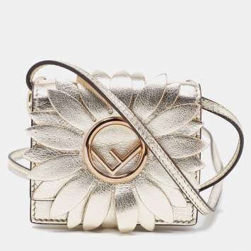 Pre Owned Fendi Gold Leather Micro Flower Kan I Crossbody Bag