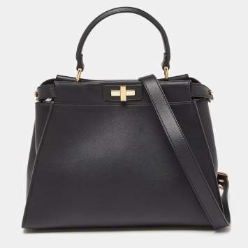 Pre Owned Fendi Black Leather Medium Peekaboo Iconic Top Handle Bag