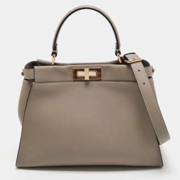 Pre Owned Fendi Grey Leather Medium Peekaboo Top Handle Bag