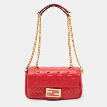 Pre Owned Fendi Red FF Embossed Leather Midi Chain Baguette Bag