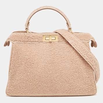 Pre Owned Fendi Dusty Pink Shearling Large Peekaboo ISeeU Top Handle Bag