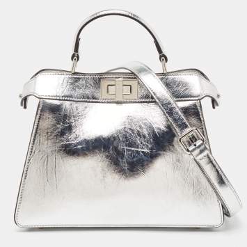 Pre Owned Fendi Silver Leather Small Peekaboo ISeeU Top Handle Bag