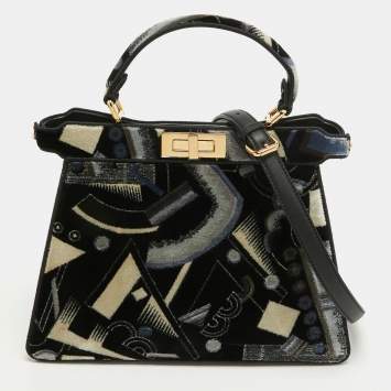 مم�لوكة مسبقًا Fendi Navy Blue Velvet Medium Printed Peekaboo ISeeU Top Handle Bag