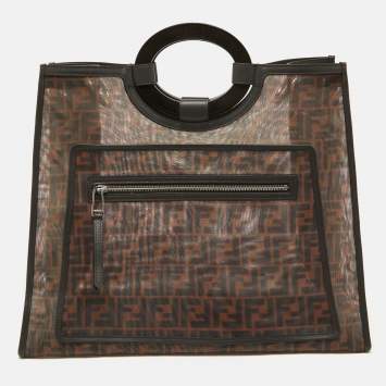 Pre Owned Fendi Tobacco Zucca Mesh and Leather Runaway Shopper Tote