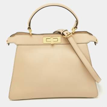 Pre Owned Fendi Beige Leather Medium Peekaboo ISeeU Top Handle Bag