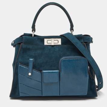 Pre Owned Fendi Blue Watersnake Leather and Suede Regular Peekaboo Top Handle Bag