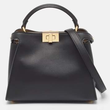 Pre Owned Fendi Black Leather Peekaboo Iconic Essentially Top Handle Bag