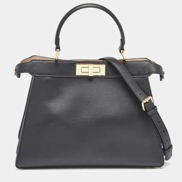 Pre Owned Fendi Black Leather Medium Peekaboo ISeeU Top Handle Bag