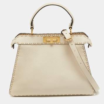 Pre Owned Fendi Cream Selleria Leather Medium Peekaboo ISeeU Top Handle Bag