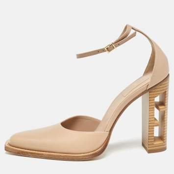 Pre Owned Fendi Beige Leather Zucca FF Logo Ankle Strap Pumps Size 39