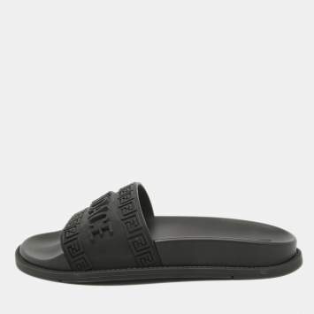 Pre Owned Fendi x-Versace Black Rubber Logo Flat Slides Size 37