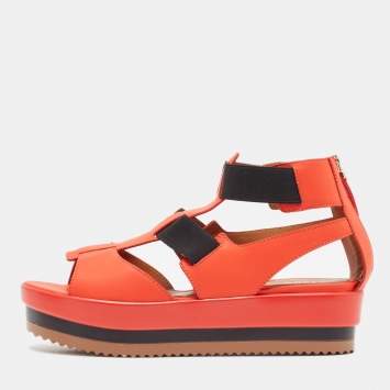 Pre Owned Fendi Red/Black Leather and Elastic Platform Sandals Size 37.5