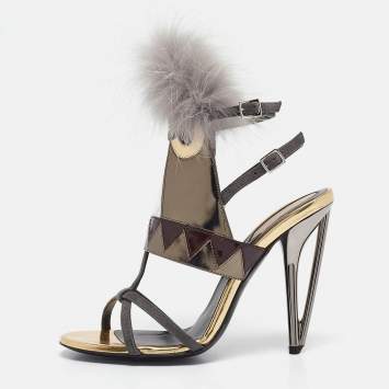 Pre Owned Fendi Grey Leather and Fur Monster Eyes Ankle Strap Sandals Size 37