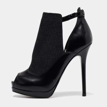 Pre Owned Fendi Black Leather and Glitter Peep Toe Platform Booties Size 38