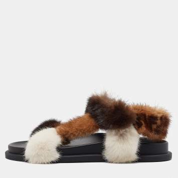 Pre Owned Fendi Multicolor Mink Fur FF Feel Flat Sandals Size 37