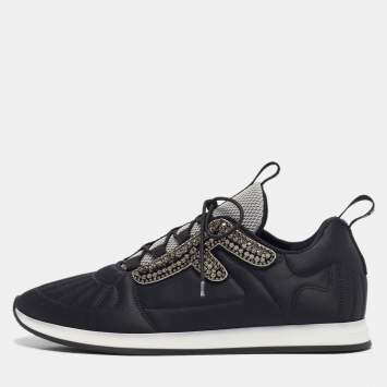Pre Owned Fendi Black Satin Stretch Crystal Embellished FFreedom Lace Up Sneakers Size 39