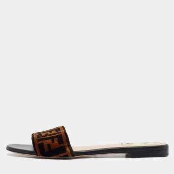 Pre Owned Fendi Brown Zucca Velvet Flat Slides Size 40.5 