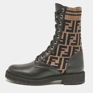 Pre Owned Fendi Black/Brown Canvas and Leather Rockoko Combat Boots Size 36.5