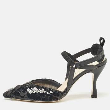 Pre Owned Fendi Black Leather and Sequins Colibri Slingback Pumps Size 36
