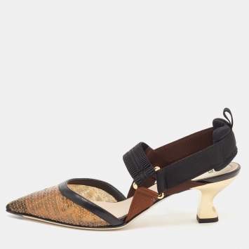 Pre Owned Fendi Brown/Black Zucca Sequins and Fabric Colibri Slingback Pumps Size 39