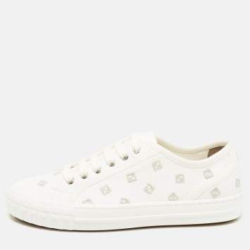Pre Owned Fendi White Canvas FF Domino Logo Lace Up Sneakers Size 37