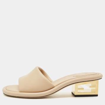 Pre Owned Fendi Beige Leather FF Baguette Heel Slide Sandals Size 40