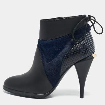 Pre Owned Fendi Black/Blue Leather and Calf Hair Ankle Booties Size 36.5