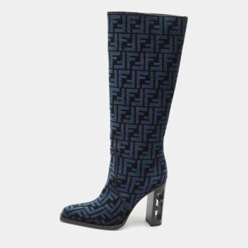 Pre Owned Fendi Blue/Black FF Chenille Jacquard Knee Length Boots Size 37.5