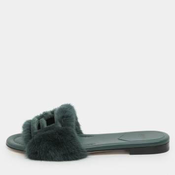 Fendi Green Mink Fur Baguette Slide Sandals Size 36