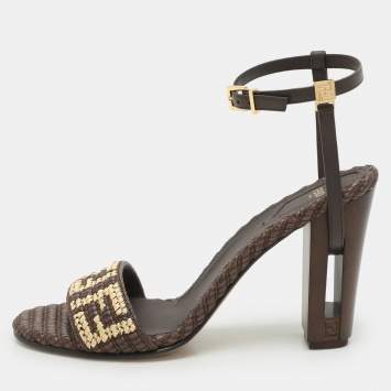 Fendi Brown/Beige Zucca Raffia and Leather Delfina Sandals Size 40