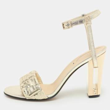 Fendi Gold Leather and Sequins Delfina Ankle Strap Sandals Size 38