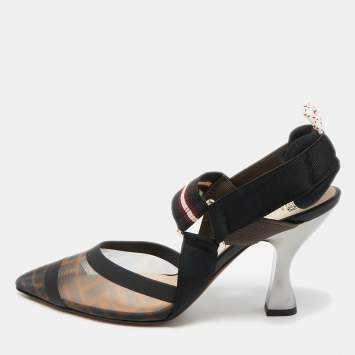 Pre Owned Fendi Brown/Black Zucca Mesh and Canvas Colibri Pumps Size 38