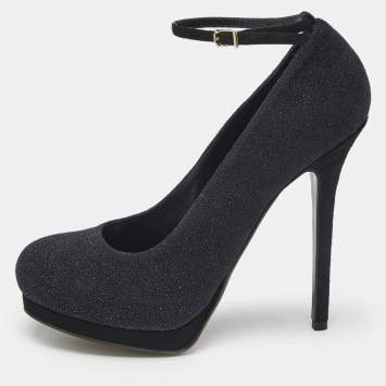 Pre Owned Fendi Black Glitter Suede Ankle Strap Platform Pumps Size 40