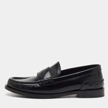 Pre Owned Fendi Black Brushed Leather Logo Slip On Loafers Size 38