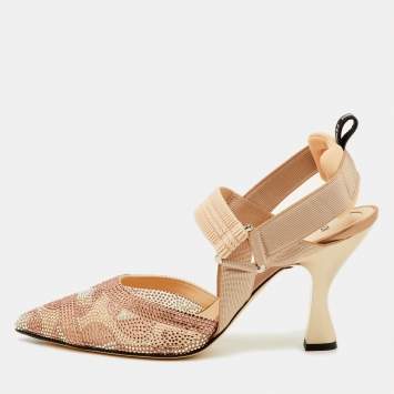 مملوكة مسبقًا Fendi Colibri Size 41 Beige Fabric and Mesh Crystal Embellished Slingback Pumps