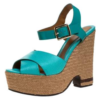Pre Owned Fendi Green Patent And Lizard Leather Wedge Espadrille Platform Ankle Strap Sandals Size 40
