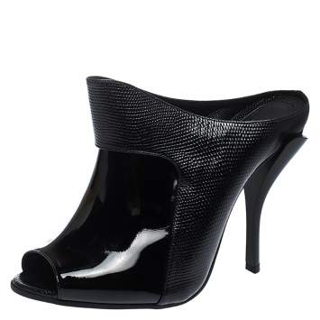 Pre Owned Fendi Black Lizard Embossed And Patent Leather Peep Toe Sandals Size 40