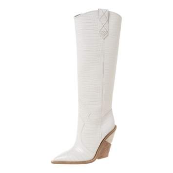 مملوكة مسبقًا Fendi Off White Croc Embossed Leather Knee Length Cowboy Boots Size 38