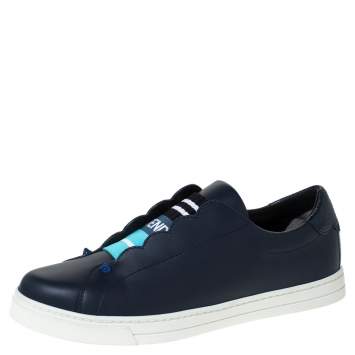 Pre Owned Fendi Blue Leather And Logo Knit Rockoclick Slip On Sneakers Size 39
