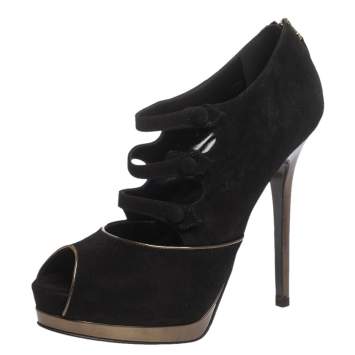 Pre Owned Fendi Black Suede Leather Victorian Strappy Peep Toe Platform Pumps Size 38