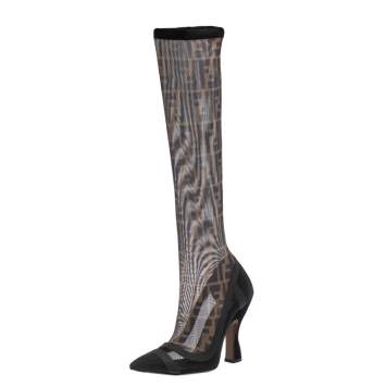 مملوكة مسبقًا Fendi Black FF Mesh And Leather Trim Knee Length Pointed Toe Boots Size 38