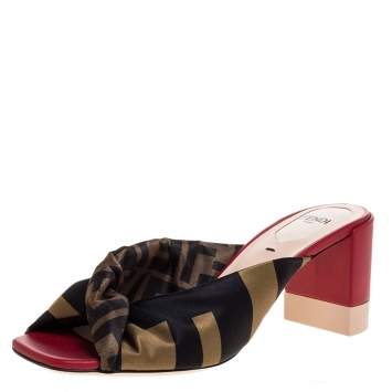 Pre Owned Fendi Green/Black Logo Print Satin Twist Knotted Open Toe Mules Size 36
