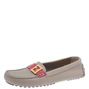 Pre Owned Fendi Grey Textured Leather FF Logo Loafers Size 39