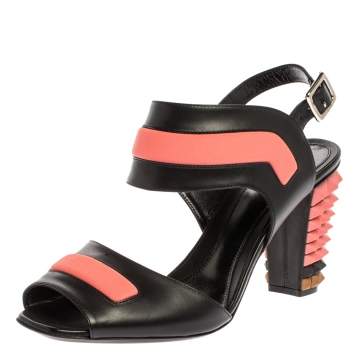 Pre Owned Fendi Black/Pink Leather Polifonia Studded Ankle Strap Sandals Size 40.5