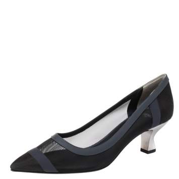 Pre Owned Fendi Black Mesh And Blue Leather Trim Colibri Pointed Toe Pumps Size 40