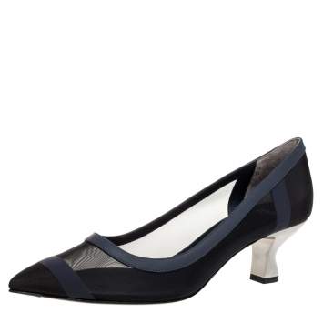Pre Owned Fendi Black Mesh And Blue Leather Trim Colibri Pointed Toe Pumps Size 40
